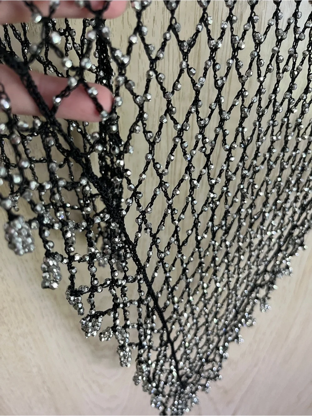 SILVER BEADED Fishnet Crochet Black CROCHET Boho Shawl